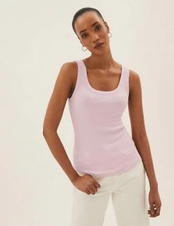 Cheapest ✔️ M&S Collection Tops Cotton Rich Ribbed Crew Neck Vest Top 👍 -Women's Holiday Shop Sales SD 01 T41 4193 A0 X EC 4
