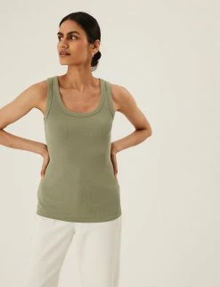 Cheapest ✔️ M&S Collection Tops Cotton Rich Ribbed Crew Neck Vest Top 👍 -Women's Holiday Shop Sales SD 01 T41 4193 KH X EC 1