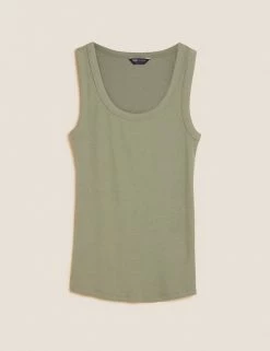 Cheapest ✔️ M&S Collection Tops Cotton Rich Ribbed Crew Neck Vest Top 👍 -Women's Holiday Shop Sales SD 01 T41 4193 KH X EC 90