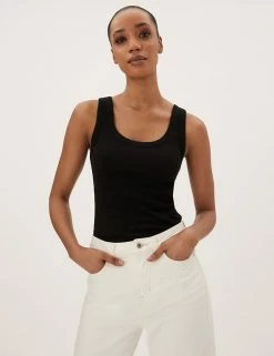 Cheapest ✔️ M&S Collection Tops Cotton Rich Ribbed Crew Neck Vest Top 👍 -Women's Holiday Shop Sales SD 01 T41 4193 Y0 X EC 1