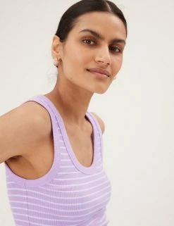 Flash Sale 😀 M&S Collection Women Cotton Rich Striped Crew Neck Vest Top ✔️ -Women's Holiday Shop Sales SD 01 T41 4198 A4 X EC 2