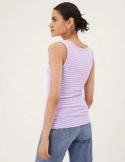 Flash Sale 😀 M&S Collection Women Cotton Rich Striped Crew Neck Vest Top ✔️ -Women's Holiday Shop Sales SD 01 T41 4198 A4 X EC 3