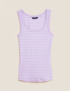 Flash Sale 😀 M&S Collection Women Cotton Rich Striped Crew Neck Vest Top ✔️ -Women's Holiday Shop Sales SD 01 T41 4198 A4 X EC 90