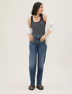 Flash Sale 😀 M&S Collection Women Cotton Rich Striped Crew Neck Vest Top ✔️