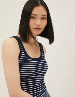 Flash Sale 😀 M&S Collection Women Cotton Rich Striped Crew Neck Vest Top ✔️ -Women's Holiday Shop Sales SD 01 T41 4198 F4 X EC 1