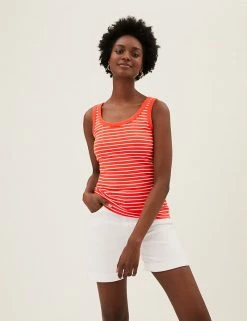 Flash Sale 😀 M&S Collection Women Cotton Rich Striped Crew Neck Vest Top ✔️ -Women's Holiday Shop Sales SD 01 T41 4198 P4 X EC 1