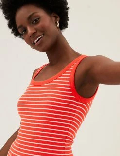 Flash Sale 😀 M&S Collection Women Cotton Rich Striped Crew Neck Vest Top ✔️ -Women's Holiday Shop Sales SD 01 T41 4198 P4 X EC 2