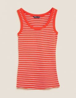 Flash Sale 😀 M&S Collection Women Cotton Rich Striped Crew Neck Vest Top ✔️ -Women's Holiday Shop Sales SD 01 T41 4198 P4 X EC 90