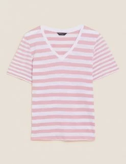 New 🤩 M&S Collection T-shirts Pure Cotton Striped Straight Fit T-Shirt 🛒 -Women's Holiday Shop Sales SD 01 T41 8593 A7 X EC 90