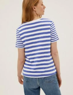 New 🤩 M&S Collection T-shirts Pure Cotton Striped Straight Fit T-Shirt 🛒 -Women's Holiday Shop Sales SD 01 T41 8593 E8 X EC 2