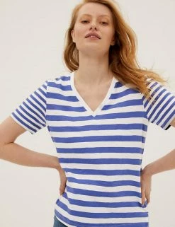 New 🤩 M&S Collection T-shirts Pure Cotton Striped Straight Fit T-Shirt 🛒 -Women's Holiday Shop Sales SD 01 T41 8593 E8 X EC 4