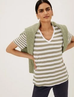 New 🤩 M&S Collection T-shirts Pure Cotton Striped Straight Fit T-Shirt 🛒 -Women's Holiday Shop Sales SD 01 T41 8593 KA X EC 0