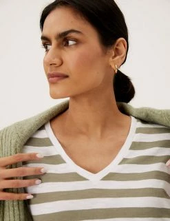 New 🤩 M&S Collection T-shirts Pure Cotton Striped Straight Fit T-Shirt 🛒 -Women's Holiday Shop Sales SD 01 T41 8593 KA X EC 2
