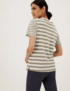 New 🤩 M&S Collection T-shirts Pure Cotton Striped Straight Fit T-Shirt 🛒 -Women's Holiday Shop Sales SD 01 T41 8593 KA X EC 3