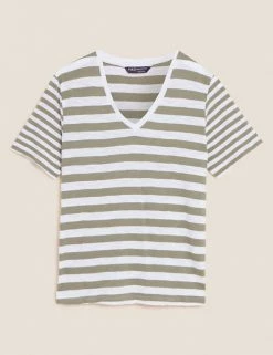 New 🤩 M&S Collection T-shirts Pure Cotton Striped Straight Fit T-Shirt 🛒 -Women's Holiday Shop Sales SD 01 T41 8593 KA X EC 90