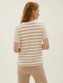 New 🤩 M&S Collection T-shirts Pure Cotton Striped Straight Fit T-Shirt 🛒 -Women's Holiday Shop Sales SD 01 T41 8593 S9 X EC 2
