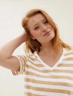 New 🤩 M&S Collection T-shirts Pure Cotton Striped Straight Fit T-Shirt 🛒 -Women's Holiday Shop Sales SD 01 T41 8593 S9 X EC 3