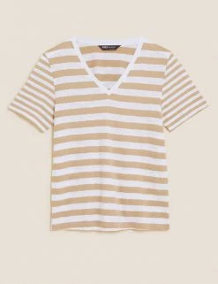 New 🤩 M&S Collection T-shirts Pure Cotton Striped Straight Fit T-Shirt 🛒 -Women's Holiday Shop Sales SD 01 T41 8593 S9 X EC 90