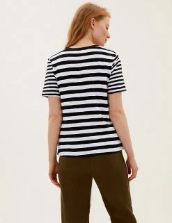 New 🤩 M&S Collection T-shirts Pure Cotton Striped Straight Fit T-Shirt 🛒 -Women's Holiday Shop Sales SD 01 T41 8593 Y4 X EC 2