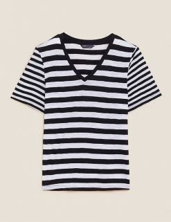 New 🤩 M&S Collection T-shirts Pure Cotton Striped Straight Fit T-Shirt 🛒 -Women's Holiday Shop Sales SD 01 T41 8593 Y4 X EC 90