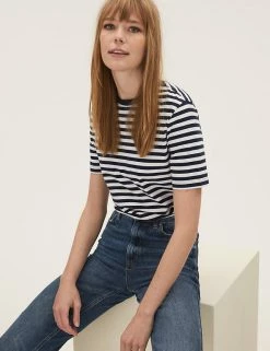 Discount ⭐ M&S Collection T-shirts Pure Cotton Striped Straight Fit T-Shirt 🌟
