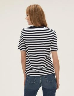 Discount ⭐ M&S Collection T-shirts Pure Cotton Striped Straight Fit T-Shirt 🌟 -Women's Holiday Shop Sales SD 01 T41 8763 F4 X EC 2