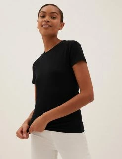 Flash Sale 😀 M&S Collection T-shirts Cotton Rich Fitted T-Shirt 🔥 -Women's Holiday Shop Sales SD 01 T41 8986 Y0 X EC 1