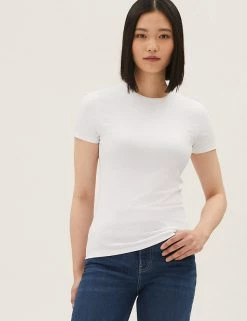 Flash Sale 😀 M&S Collection T-shirts Cotton Rich Fitted T-Shirt 🔥 -Women's Holiday Shop Sales SD 01 T41 8986 Z0 X EC 2
