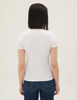 Flash Sale 😀 M&S Collection T-shirts Cotton Rich Fitted T-Shirt 🔥 -Women's Holiday Shop Sales SD 01 T41 8986 Z0 X EC 3