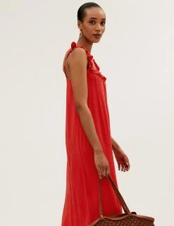 Outlet 🎁 M&S Collection 👗 Dresses V-Neck Frill Detail Midaxi Slip 👗 Dress 🌟 -Women's Holiday Shop Sales SD 01 T42 7309 B0 X EC 1