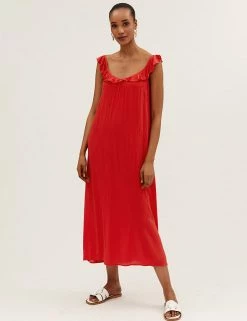 Outlet 🎁 M&S Collection 👗 Dresses V-Neck Frill Detail Midaxi Slip 👗 Dress 🌟 -Women's Holiday Shop Sales SD 01 T42 7309 B0 X EC 4