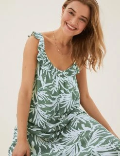 Hot Sale 🥰 M&S Collection 👗 Dresses Printed Ruffle V-Neck Midi Slip 👗 Dress 🌟