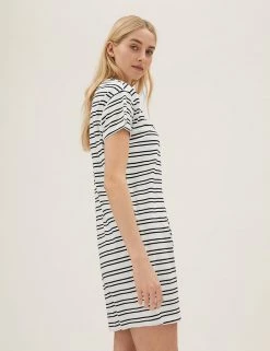 Best Sale ✨ M&S Collection 👗 Dresses Pure Cotton Striped T-Shirt 👗 Dress 🎉 -Women's Holiday Shop Sales SD 01 T42 7347 Y8 X EC 1