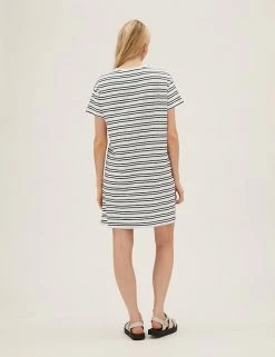 Best Sale ✨ M&S Collection 👗 Dresses Pure Cotton Striped T-Shirt 👗 Dress 🎉 -Women's Holiday Shop Sales SD 01 T42 7347 Y8 X EC 3
