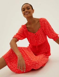 Promo 🎉 M&S Collection 👗 Dresses Printed Tie Neck Midi Waisted 👗 Dress 🌟 -Women's Holiday Shop Sales SD 01 T42 7436 C8 X EC 1