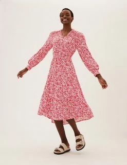 Wholesale 🔥 M&S Collection 👗 Dresses Ditsy Floral V-Neck Midi Waisted 👗 Dress ✨