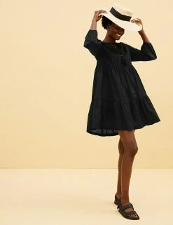 Hot Sale 🎁 M&S Collection Women Pure Cotton Pintuck Mini Swing 👗 Dress 👍 -Women's Holiday Shop Sales SD 01 T52 3635 Y0 X EC 0