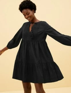 Hot Sale 🎁 M&S Collection Women Pure Cotton Pintuck Mini Swing 👗 Dress 👍 -Women's Holiday Shop Sales SD 01 T52 3635 Y0 X EC 1