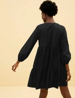 Hot Sale 🎁 M&S Collection Women Pure Cotton Pintuck Mini Swing 👗 Dress 👍 -Women's Holiday Shop Sales SD 01 T52 3635 Y0 X EC 3