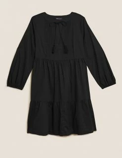 Hot Sale 🎁 M&S Collection Women Pure Cotton Pintuck Mini Swing 👗 Dress 👍 -Women's Holiday Shop Sales SD 01 T52 3635 Y0 X EC 90