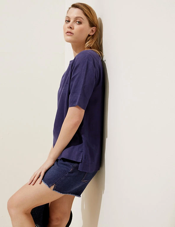 Discount ✨ M&S Collection Tops Pure Linen Round Neck Short Sleeve Top ⌛ 8 Discount ✨ M&S Collection Tops Pure Linen Round Neck Short Sleeve Top ⌛ - Image 8