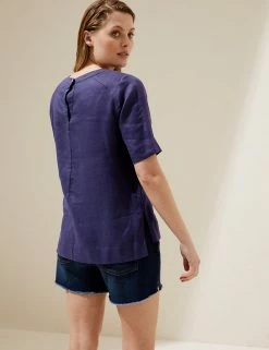 Discount ✨ M&S Collection Tops Pure Linen Round Neck Short Sleeve Top ⌛ 18 Discount ✨ M&S Collection Tops Pure Linen Round Neck Short Sleeve Top ⌛ -Women's Holiday Shop Sales SD 01 T52 3910 E3 X EC 2