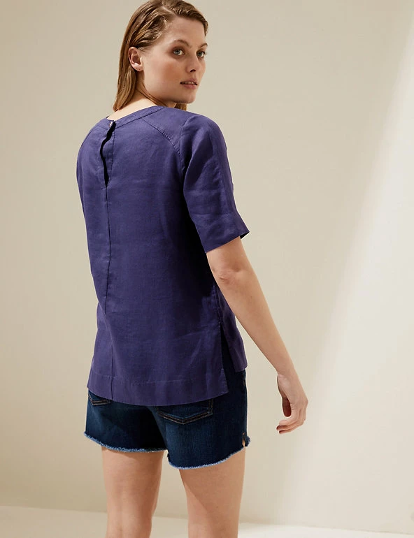 Discount ✨ M&S Collection Tops Pure Linen Round Neck Short Sleeve Top ⌛ 9 Discount ✨ M&S Collection Tops Pure Linen Round Neck Short Sleeve Top ⌛ - Image 9