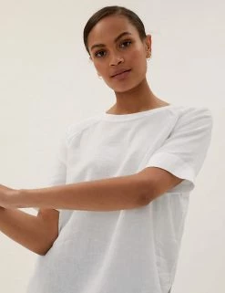 Discount ✨ M&S Collection Tops Pure Linen Round Neck Short Sleeve Top ⌛