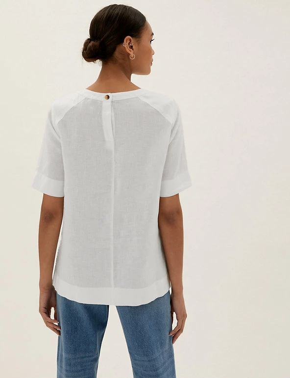 Discount ✨ M&S Collection Tops Pure Linen Round Neck Short Sleeve Top ⌛ 3 Discount ✨ M&S Collection Tops Pure Linen Round Neck Short Sleeve Top ⌛ - Image 3