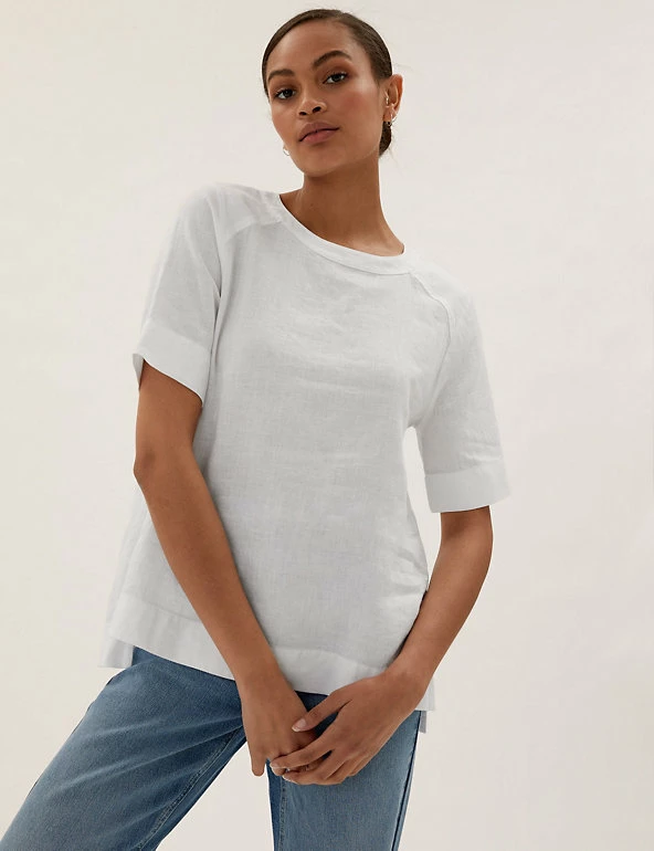 Discount ✨ M&S Collection Tops Pure Linen Round Neck Short Sleeve Top ⌛ 4 Discount ✨ M&S Collection Tops Pure Linen Round Neck Short Sleeve Top ⌛ - Image 4