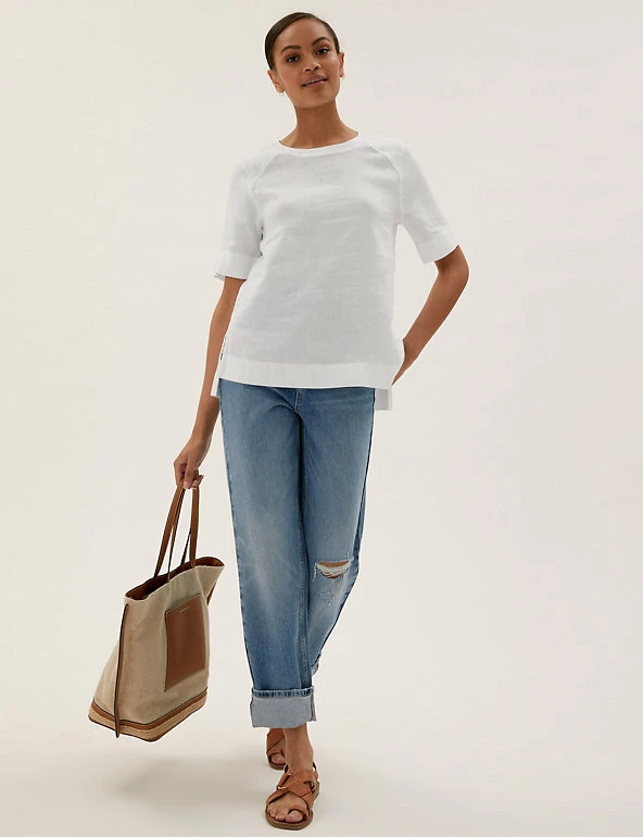 Discount ✨ M&S Collection Tops Pure Linen Round Neck Short Sleeve Top ⌛ 5 Discount ✨ M&S Collection Tops Pure Linen Round Neck Short Sleeve Top ⌛ - Image 5