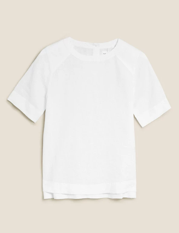 Discount ✨ M&S Collection Tops Pure Linen Round Neck Short Sleeve Top ⌛ 2 Discount ✨ M&S Collection Tops Pure Linen Round Neck Short Sleeve Top ⌛ - Image 2