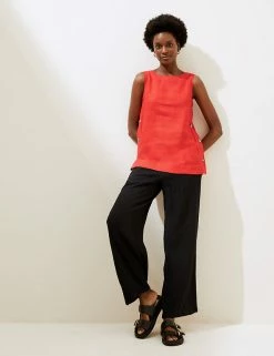 Promo 👍 M&S Collection Tops Pure Linen Button Detail Sleeveless Top 👏 -Women's Holiday Shop Sales SD 01 T52 3913 NK X EC 0