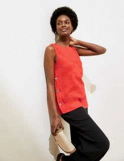Promo 👍 M&S Collection Tops Pure Linen Button Detail Sleeveless Top 👏 -Women's Holiday Shop Sales SD 01 T52 3913 NK X EC 1